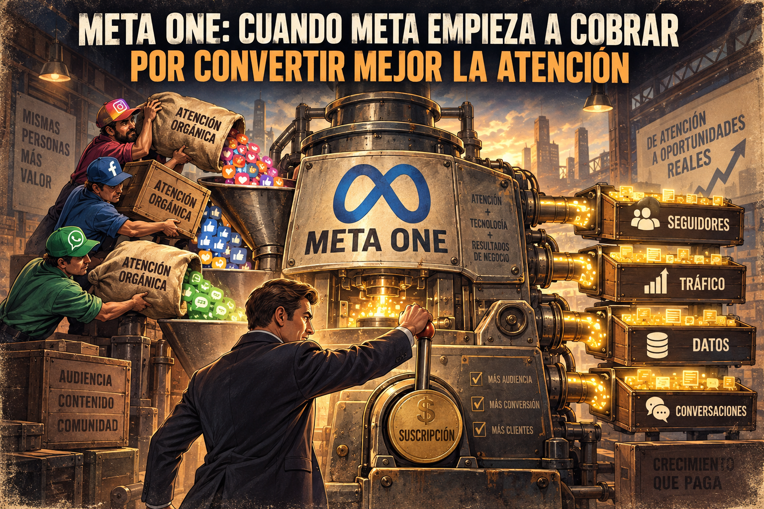 Ilustración editorial sobre Meta One convirtiendo atención orgánica en seguidores, tráfico, datos y conversaciones